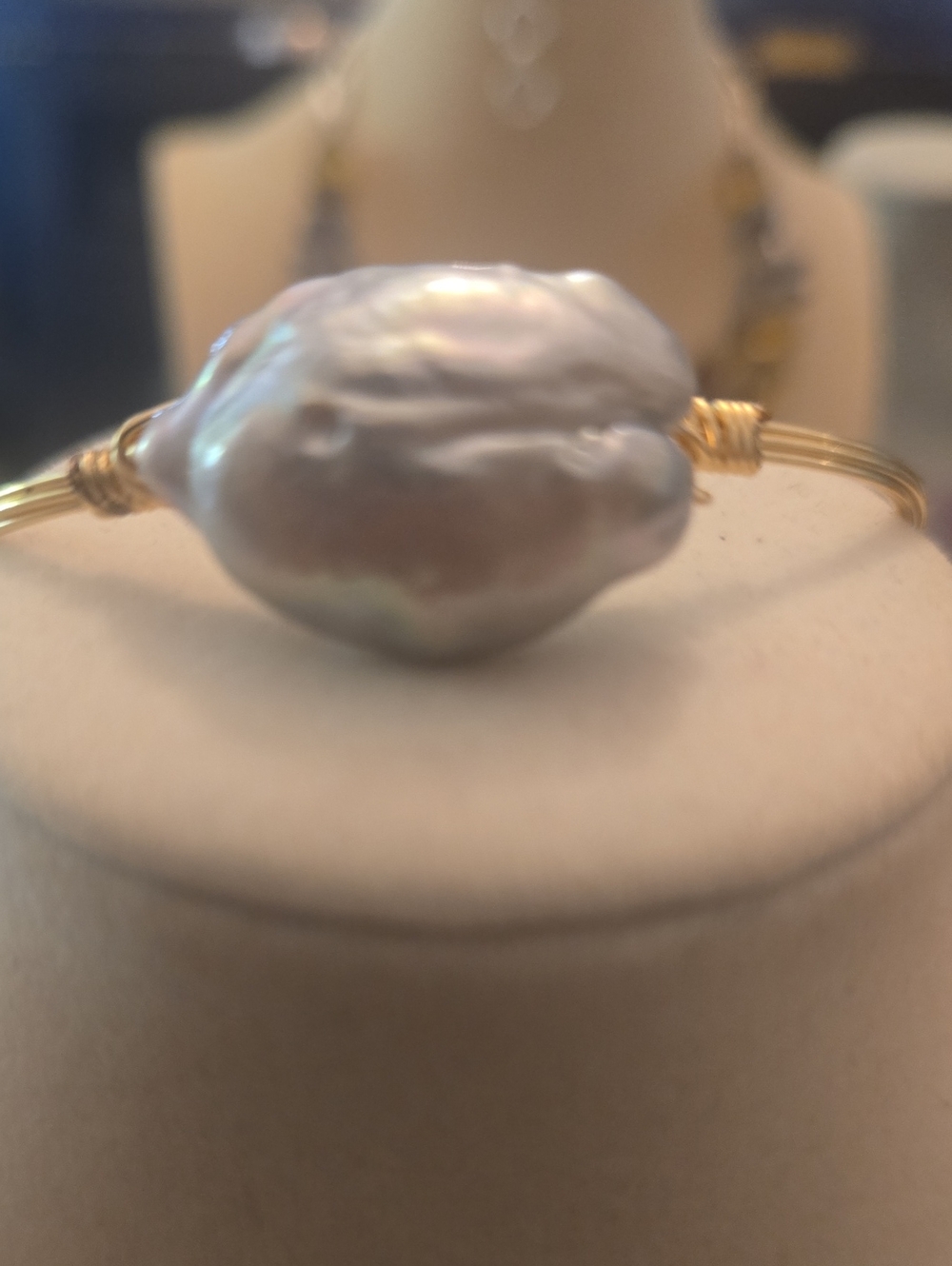 Bourbon and Bowties Gold Wire Bracelet with Iridescent Silver Pearl